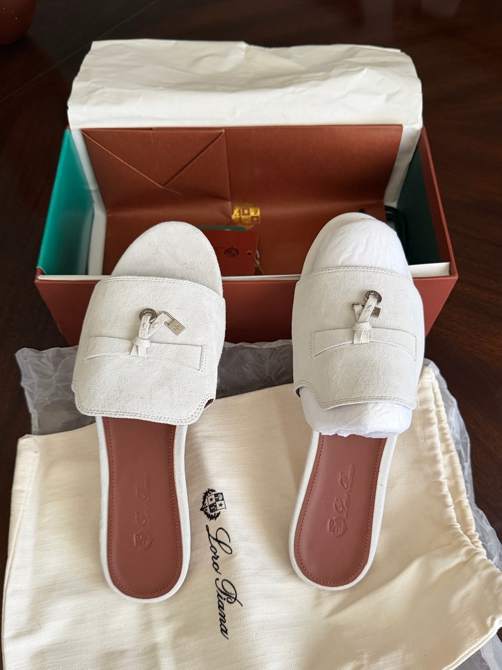 Loro Piana light grey Suede style Slide Mules with Horsebit Accent women’s Sz9